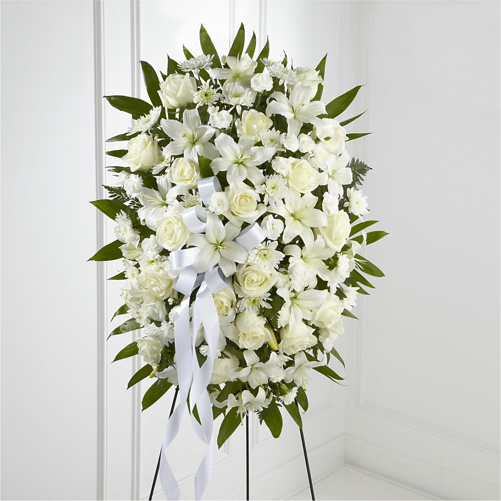 Exquisite Tribute Standing Spray-White Ribbon – Nix Florist, Hampton SC