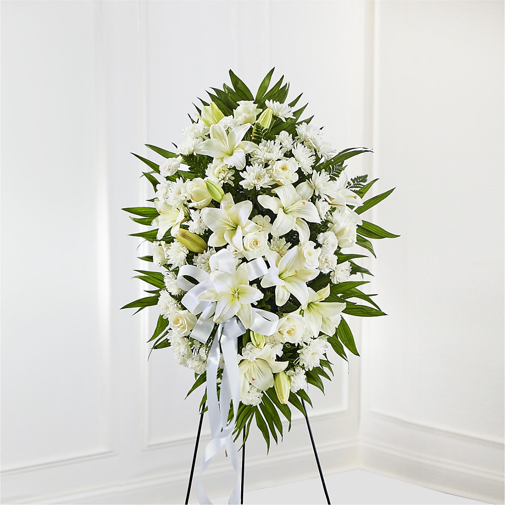 Exquisite Tribute Standing Spray-White Ribbon – Nix Florist, Hampton SC